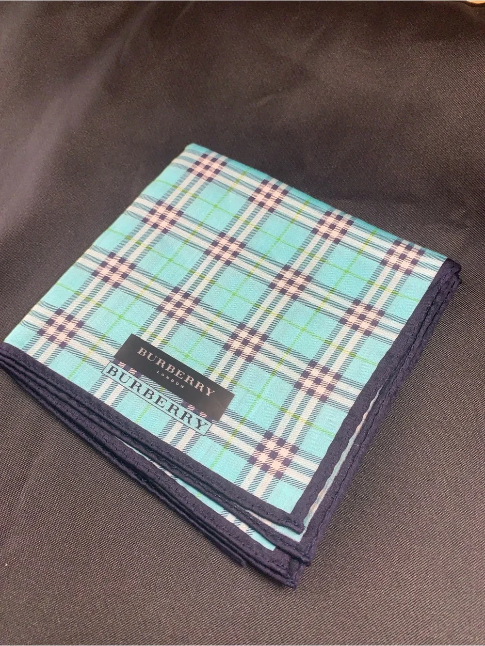 Burberry Plaid Handkerchief in Aqua Blue and Navy Trim